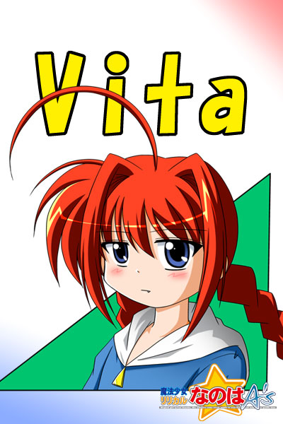 mitsuki (mitsukitei), vita (nanoha), lyrical nanoha, mahou shoujo lyrical nanoha, mahou shoujo lyrical nanoha a's, 00s, 1girl, ahoge, blue eyes, blue shirt, blush, braid, character name, copyright name, expressionless, fang, female focus, hair between eyes, hood, huge ahoge, long hair, red hair, shirt, solo, twin braids, upper body
