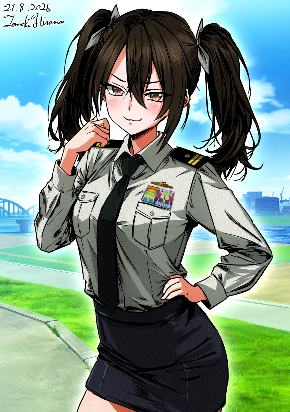 hisamatomoki, tone (kancolle), japan maritime self-defense force, japan self-defense force, kantai collection, commentary request, highres, 1girl, alternate costume, artist name, black hair, black necktie, black skirt, blue sky, breast pocket, bridge, brown eyes, cloud, collared shirt, dated, day, epaulettes, grey shirt, hand on own hip, long hair, long sleeves, military, military dress uniform, military rank insignia, military uniform, naval dress uniform, naval uniform, necktie, one-hour drawing challenge, outdoors, pencil skirt, pocket, ribbon bar, shirt, skirt, sky, solo, twintails, white shirt