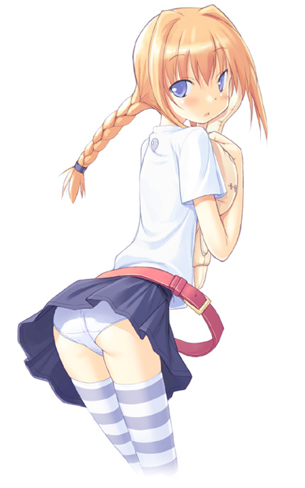 poco (asahi age), vita (nanoha), lyrical nanoha, mahou shoujo lyrical nanoha, mahou shoujo lyrical nanoha a's, 00s, 1girl, ass, back, belt, belt skirt, blue eyes, braid, female focus, from behind, long hair, looking back, miniskirt, orange hair, panties, pantyshot, red hair, shirt, simple background, skirt, solo, standing, striped clothes, striped thighhighs, stuffed toy, t-shirt, thighhighs, twin braids, underwear, upskirt, white background, white panties