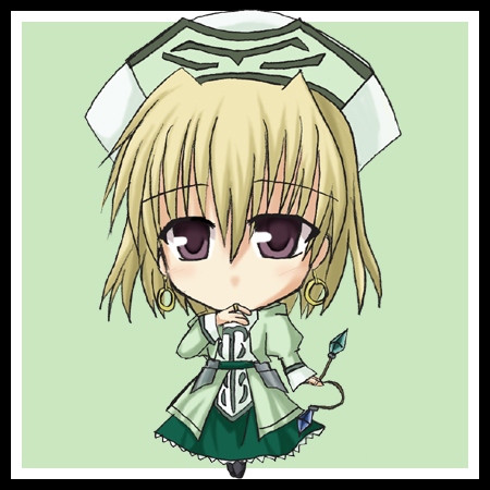 shikine, klarwind, shamal, lyrical nanoha, mahou shoujo lyrical nanoha, mahou shoujo lyrical nanoha a's, lowres, 00s, 1girl, armor, armored dress, beret, blonde hair, brown eyes, chibi, chibi only, crystal, dress, earrings, female focus, full body, hat, jacket, jewelry, looking at viewer, magical girl, open clothes, open jacket, puffy sleeves, ring, short hair, solo, standing, waist cape