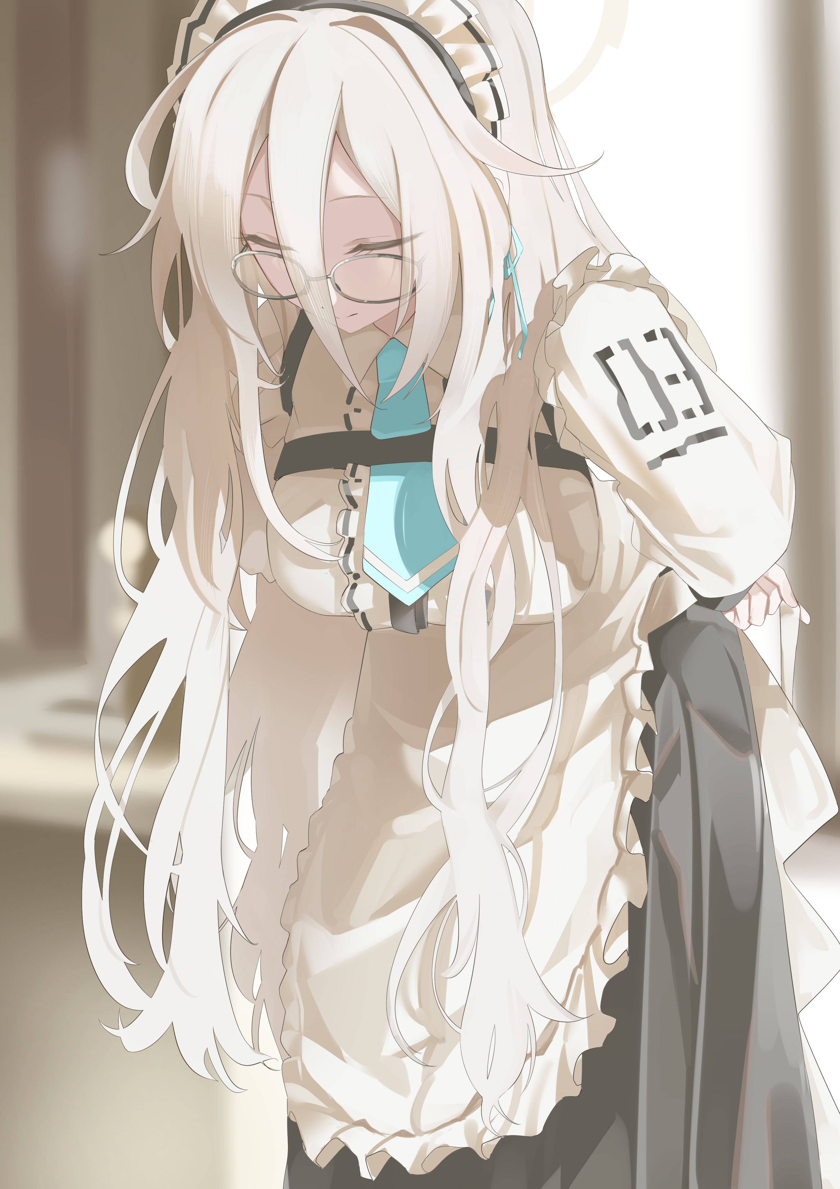 tamagore, akane (blue archive), blue archive, absurdres, commentary request, highres, 1girl, apron, arms behind back, black dress, blonde hair, blue necktie, blurry, blurry background, breasts, closed eyes, closed mouth, dress, frilled apron, frills, glasses, grey-framed eyewear, indoors, large breasts, leaning forward, long hair, maid, maid headdress, necktie, smile, solo, very long hair, white apron
