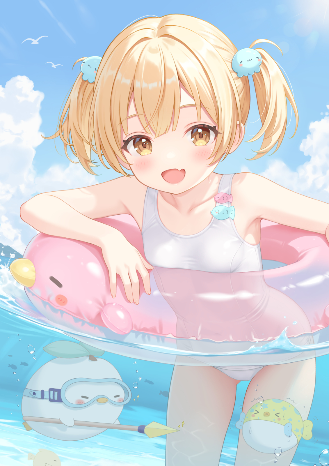 rebun, original, commentary request, highres, 1girl, bird, blonde hair, blue sky, breasts, cloud, day, fang, fish, innertube, one-piece swimsuit, orange eyes, outdoors, partially underwater shot, school swimsuit, short hair, skin fang, sky, small breasts, smile, swim ring, swimsuit, twintails, white one-piece swimsuit