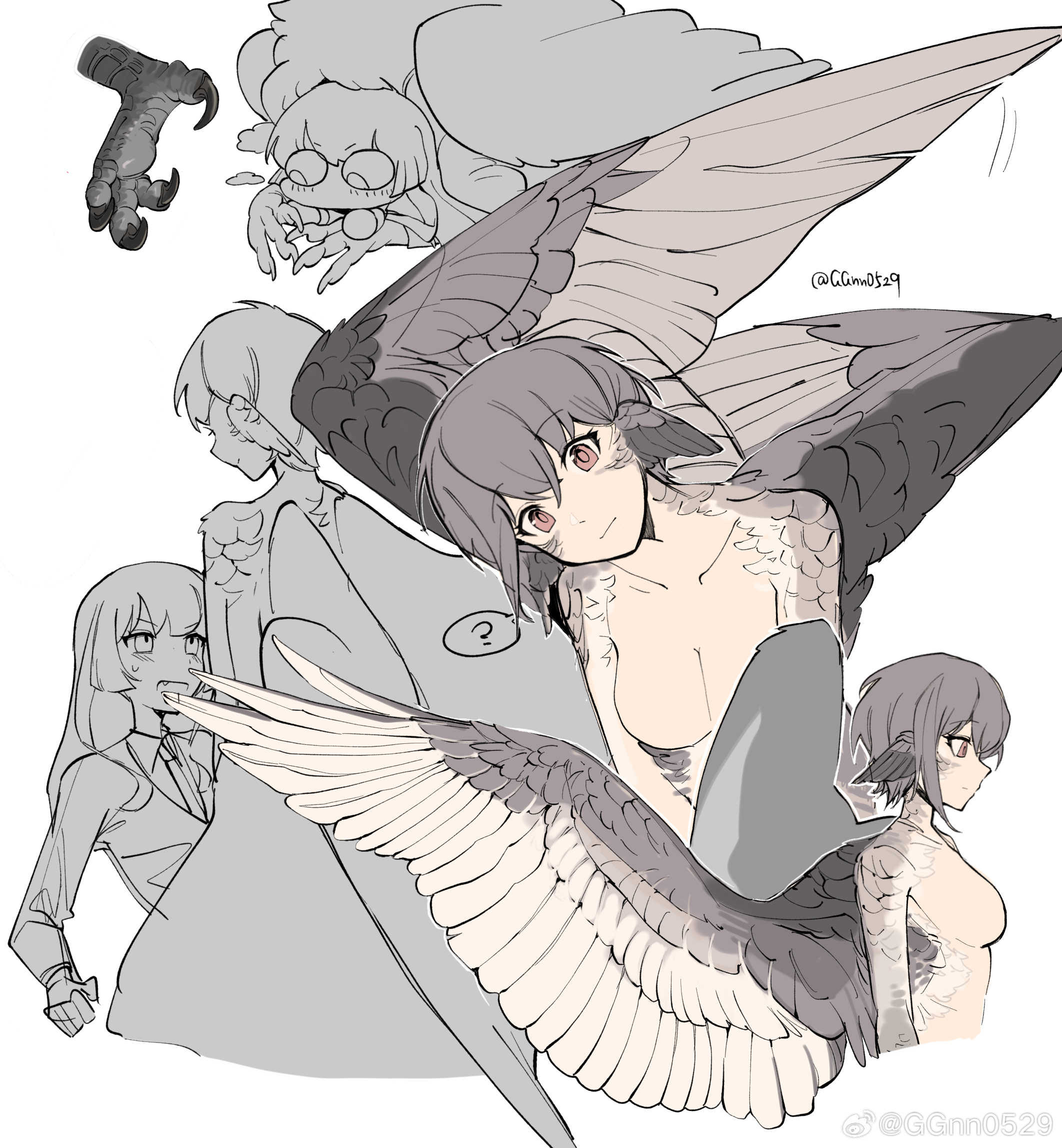 guagua977, chihaya anon, takamatsu tomori, bang dream!, bang dream! it's mygo!!!!!, chinese commentary, commentary request, highres, 2girls, ?, blush, breasts, claws, closed mouth, collared shirt, fang, feathered wings, grey hair, haneoka school uniform, harpy, large breasts, long hair, monster girl, monsterification, multiple girls, necktie, no nipples, nude, pink eyes, school uniform, shirt, short hair, smile, spoken question mark, sweat, twitter username, watermark, weibo watermark, wings, yuri