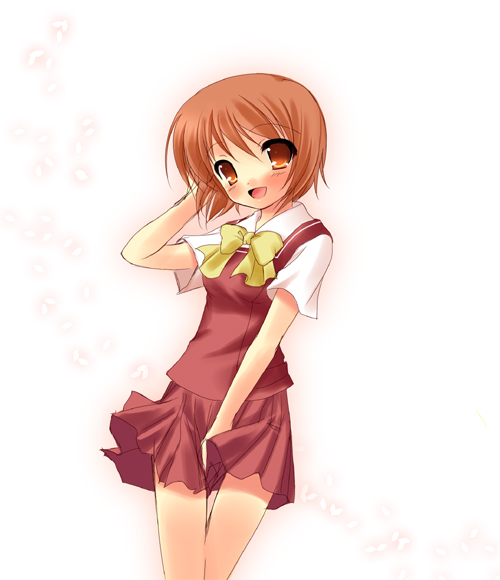 yukizuki chikuba, osaragi hazumu, kashimashi, 00s, 1girl, blush, female focus, genderswap, genderswap (mtf), open mouth, orange eyes, orange hair, pleated skirt, school uniform, serafuku, simple background, skirt, solo, white background