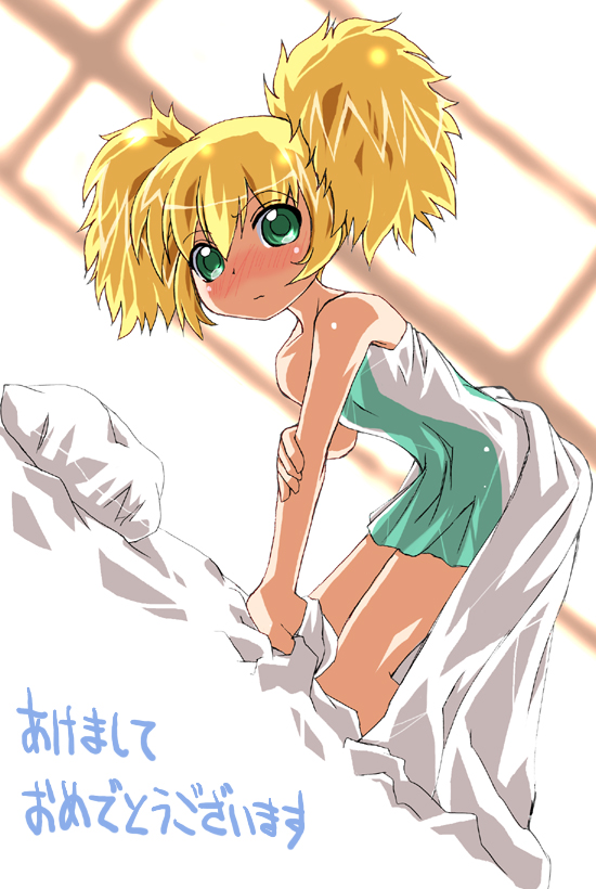 s-dojo, altessa, fushigiboshi no futago hime, 00s, 1girl, bed, blonde hair, female focus, green eyes, holding own arm, pillow, short twintails, solo, twintails