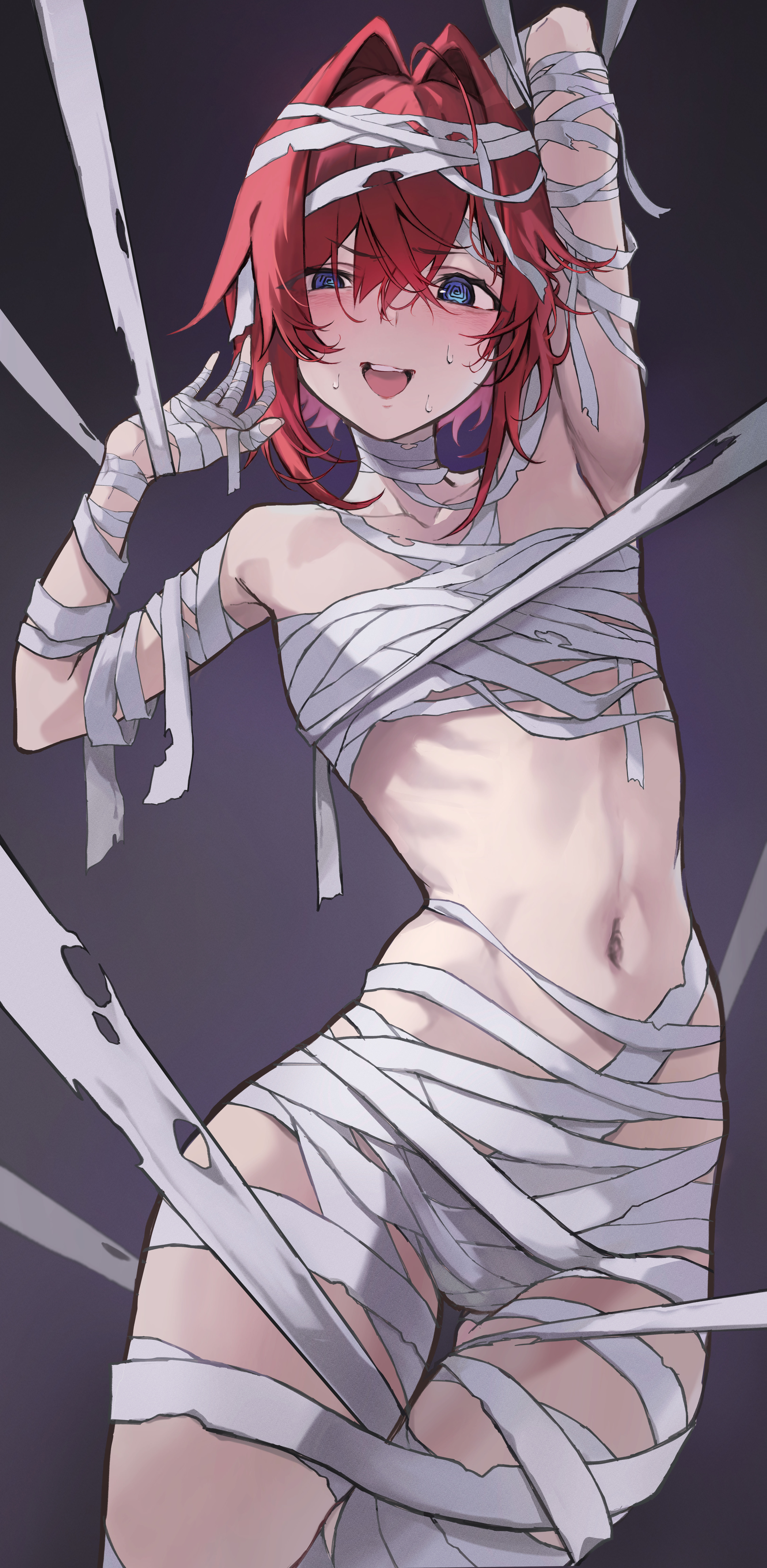 akechi (akechi 5416), ange katrina, nijisanji, absurdres, commentary request, highres, 1girl, @ @, alternate costume, arm behind head, armpits, arms up, bandaged arm, bandaged chest, bandaged fingers, bandaged head, bandaged leg, bandaged neck, bandages, blue eyes, blush, collarbone, cowboy shot, crossed bangs, entangled, flat chest, gluteal fold, gradient background, hair between eyes, hair intakes, halloween costume, long bangs, looking at viewer, mummy costume, naked bandage, navel, open mouth, purple background, red hair, ribs, short hair, skinny, small sweatdrop, solo, teeth, torn bandages, uneven eyes, upper teeth only, virtual youtuber