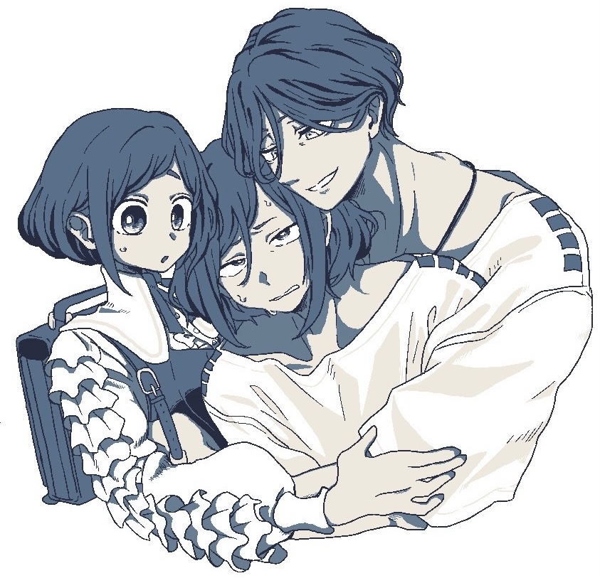 bonnou (kisikaisei), fukurai azami, meguriya ayumu, toshi densetsu kaitai center, spoilers, 1boy, 2girls, backpack, bag, blue hair, blue theme, collared shirt, cropped torso, frilled shirt, frilled sleeves, frills, furrowed brow, hug, kisaragi ayumi, long sleeves, looking at another, looking at viewer, monochrome, multiple girls, open mouth, puffy long sleeves, puffy sleeves, shirt, short hair, simple background, smile, sweatdrop, upper body, white background