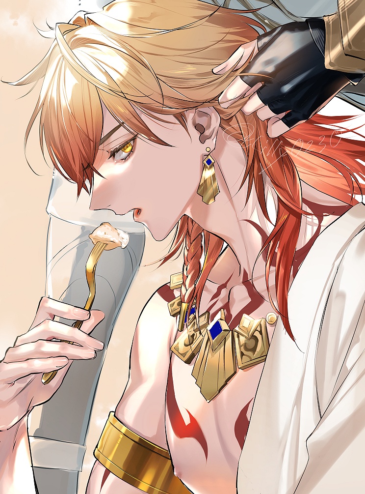 lilly0230, mydei (honkai: star rail), phainon (honkai: star rail), honkai: star rail, honkai (series), hashtag-only commentary, 2boys, adjusting another's hair, bare pectorals, black gloves, blonde hair, braid, chest tattoo, earrings, fingerless gloves, fork, from side, gloves, gold earrings, gold necklace, gradient hair, hair between eyes, holding, holding fork, jewelry, looking at viewer, male focus, medium hair, multicolored hair, multiple boys, necklace, pectorals, profile, red hair, red tattoo, robe, side braid, solo focus, tattoo, twitter username, white robe, yellow eyes