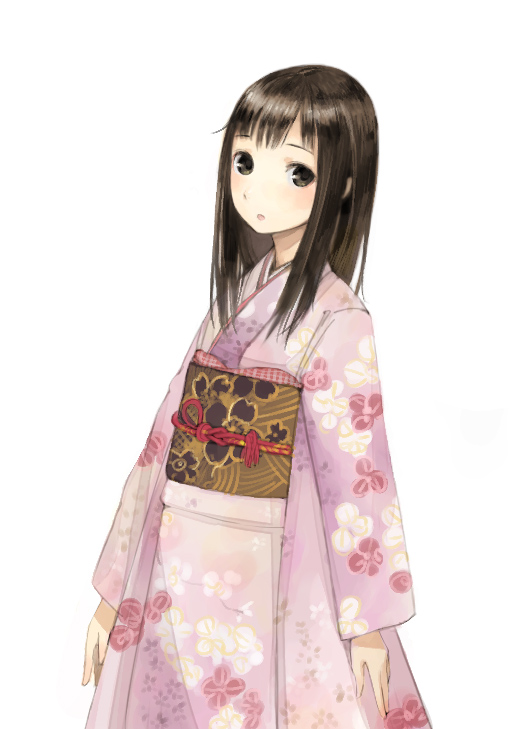 kishida mel, original, 1girl, brown eyes, brown hair, expressionless, female focus, floral print, furisode, japanese clothes, kimono, long hair, looking at viewer, obi, open mouth, sash, simple background, solo, standing