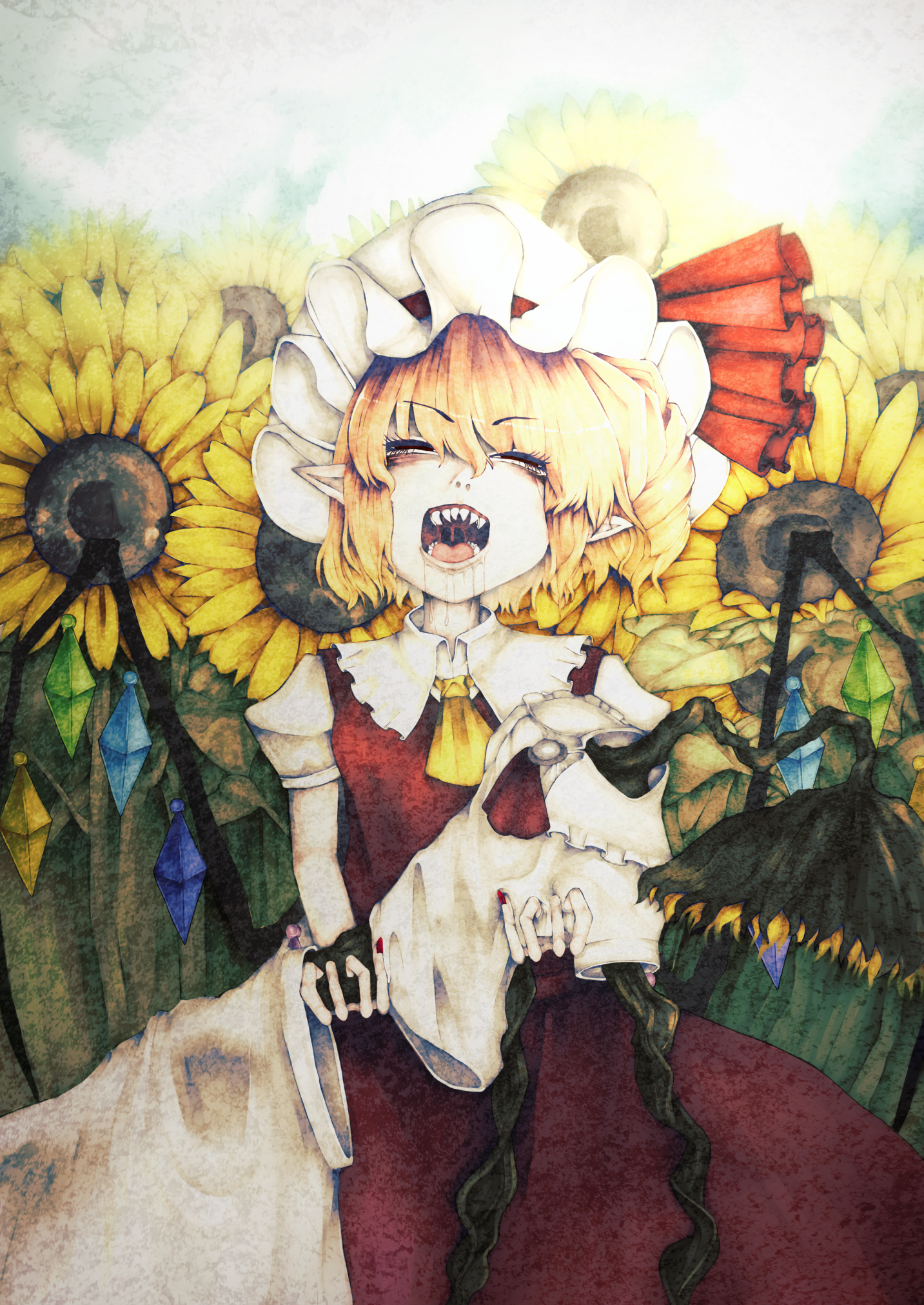 nihonkaimiso, flandre scarlet, remilia scarlet, touhou, highres, 1girl, ascot, blonde hair, blush, closed eyes, closed mouth, fangs, flower, hat, open mouth, outdoors, pointy ears, puffy short sleeves, puffy sleeves, ribbon, short hair, short sleeves, side ponytail, skirt, skirt set, solo, sunflower, wilted flower, wings