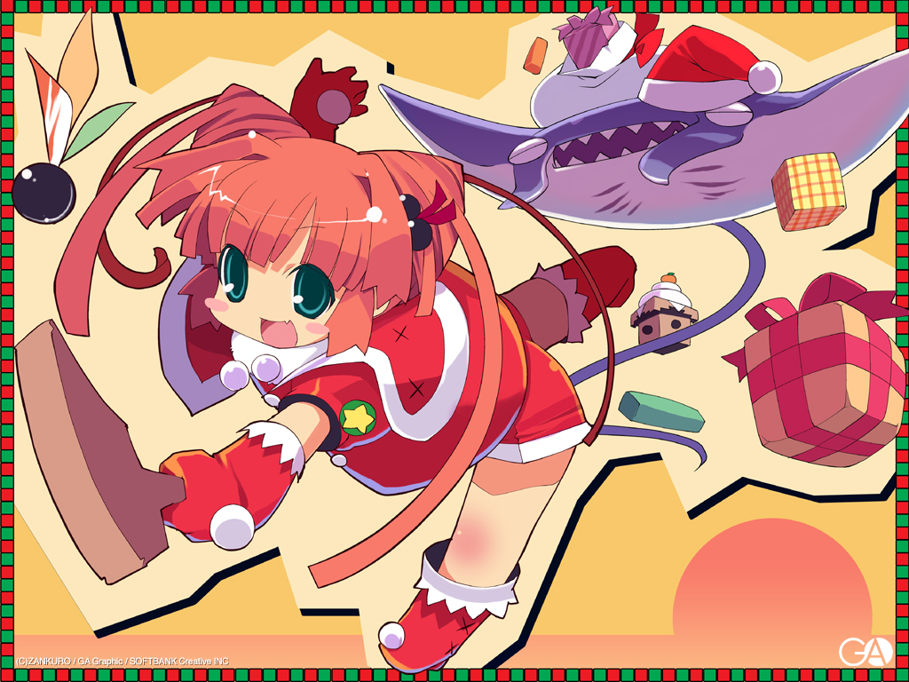 zankuro, magical rain chan, gagraphic, 1girl, :d, ankle boots, blush stickers, boots, capelet, christmas, dress, female focus, fish, fur trim, gloves, green eyes, hanetsuki, hat, open mouth, orange hair, red boots, red dress, red gloves, santa costume, santa hat, short hair, smile, solo