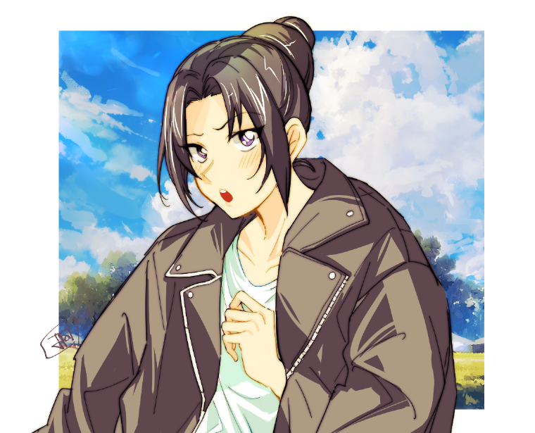toube yuki, uehara yui, meitantei conan, 1girl, black hair, blush, border, brown jacket, cloud, collarbone, day, hair bun, jacket, lone nape hair, long sleeves, looking at viewer, looking to the side, open clothes, open jacket, open mouth, outside border, purple eyes, shirt, signature, solo, teeth, tree, upper body, upper teeth only, white border, white shirt