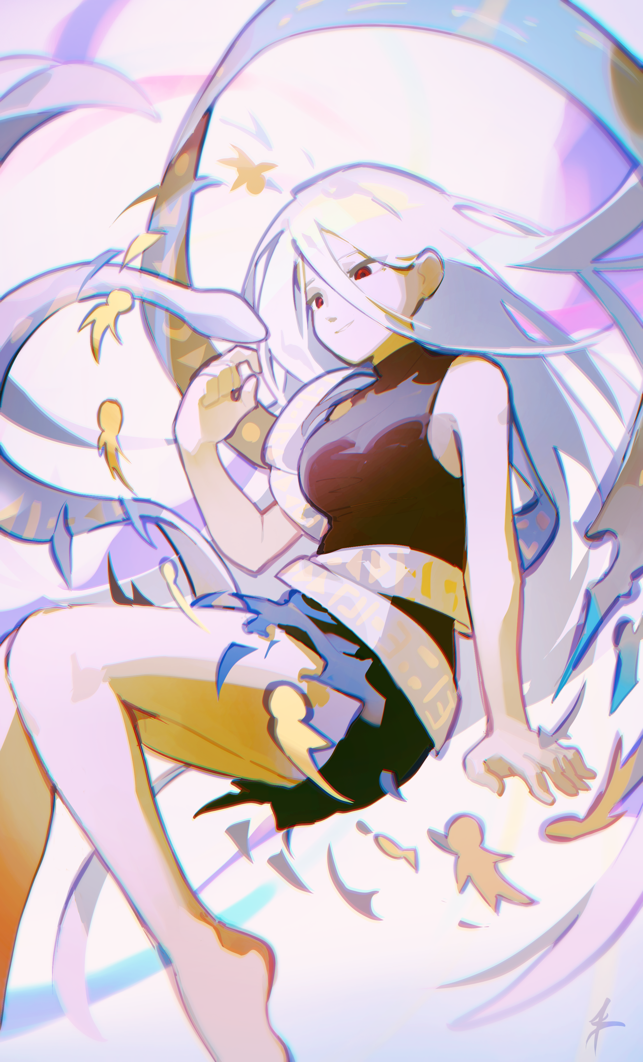 favnvs (s910a ib6), yuiman asama, fossilized wonders, touhou, absurdres, highres, 1girl, bare shoulders, barefoot, black dress, closed mouth, dress, hair between eyes, hand up, long bangs, long hair, looking at another, red eyes, sleeveless, sleeveless dress, smile, snake, solo, very long hair, white hair