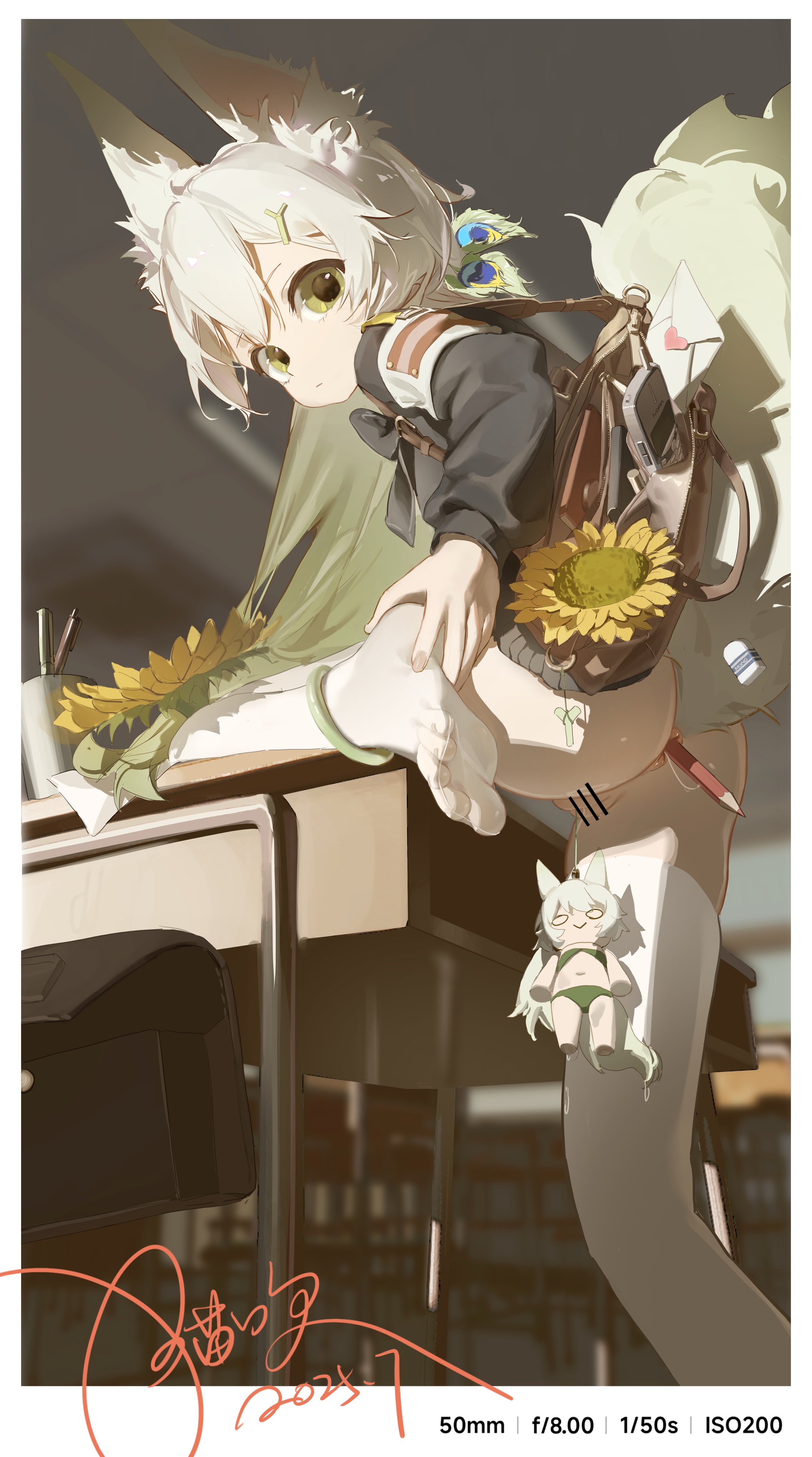 negiwolf, neko blow, original, absurdres, chinese commentary, commentary request, highres, 1girl, anal, anal object insertion, animal ear fluff, animal ears, bag, bar censor, black shirt, censored, cleft of venus, closed mouth, desk, dot mouth, envelope, flower, foot up, from behind, gradient hair, green eyes, green hair, hair ornament, hairclip, long hair, looking at viewer, multicolored hair, object insertion, pantyhose, pencil, pussy, school desk, shirt, shoulder bag, soles, solo, streaked hair, sunflower, tail, toes, white pantyhose, wolf ears, wolf girl, wolf tail