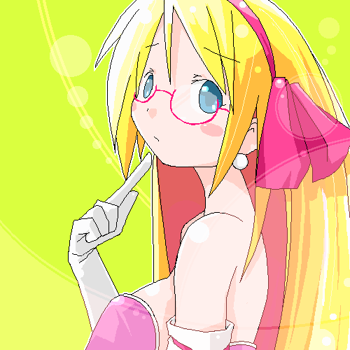 shiba yuusuke, original, lowres, 1girl, bare shoulders, blonde hair, blue eyes, blush stickers, bow, breasts, earrings, elbow gloves, expressionless, female focus, finger to mouth, glasses, gloves, hairband, jewelry, long hair, looking at viewer, oekaki, pink bow, sideboob, solo, upper body, very long hair, white gloves