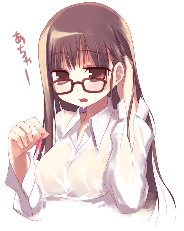 kashiwamochi yomogi, arima senne, original, blouse, broken condom, brown hair, condom, dress shirt, glasses, long hair, see-through clothes, shirt, simple background, solo