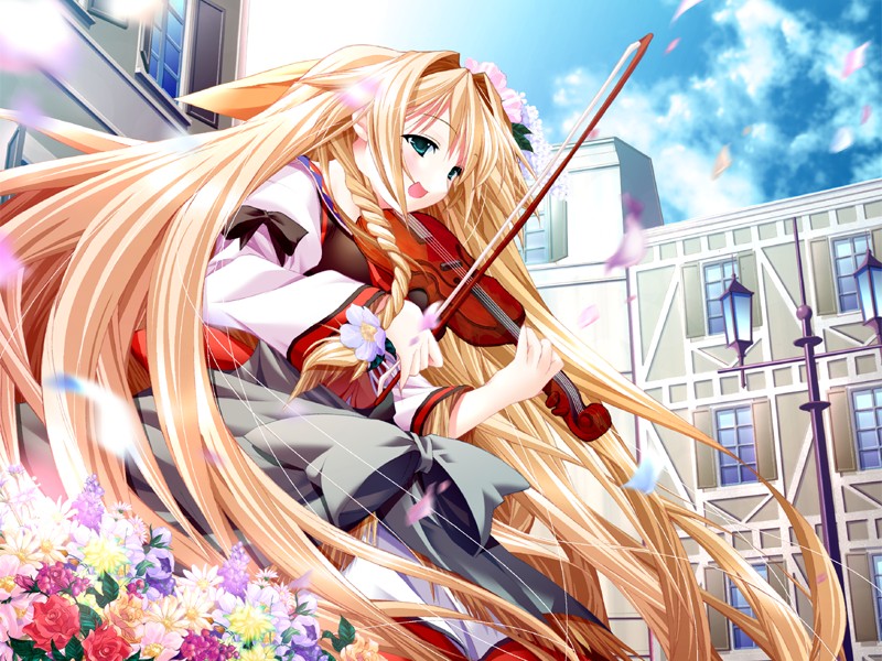 kotamaru (pajama soft), stella (pizzicato polka), pizzicato polka, game cg, 1girl, daisy (flower), female focus, flower, instrument, long hair, rose, solo, violin