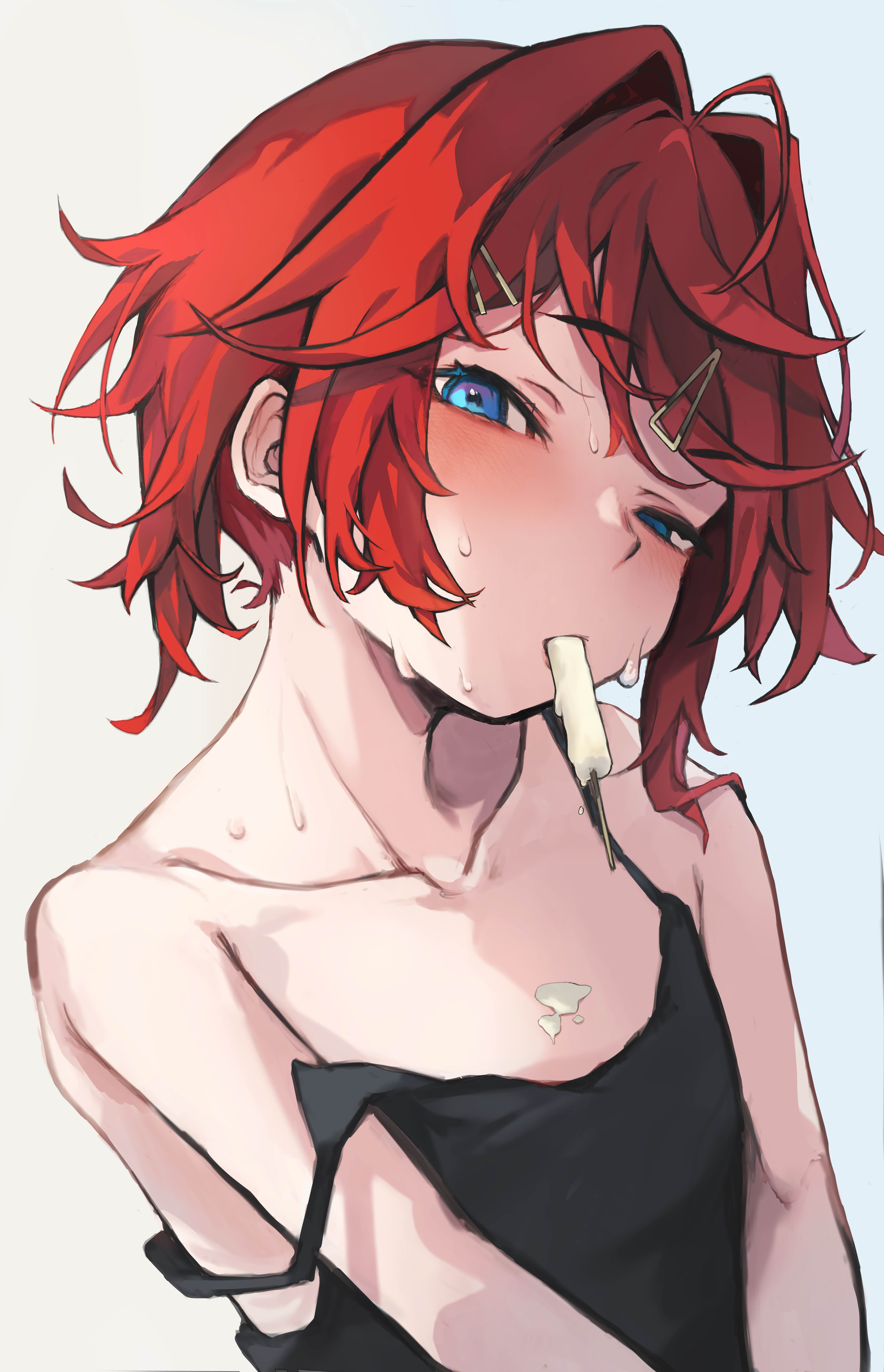 akechi (akechi 5416), ange katrina, nijisanji, absurdres, highres, 1girl, ahoge, black camisole, blue eyes, blush, breasts, camisole, collarbone, food, food in mouth, food on body, food on breasts, hair intakes, hair ornament, hairclip, head tilt, looking at viewer, medium hair, melting popsicle, messy hair, popsicle, red hair, simple background, small breasts, solo, strap slip, sweat, virtual youtuber, white background, white popsicle