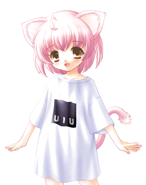 nyan nyako nyan, gif artifacts, lowres, 1girl, ahoge, animal ears, blush, brown eyes, cat ears, cat tail, female focus, open mouth, pink hair, shirt, solo, t-shirt, tail, transparent background