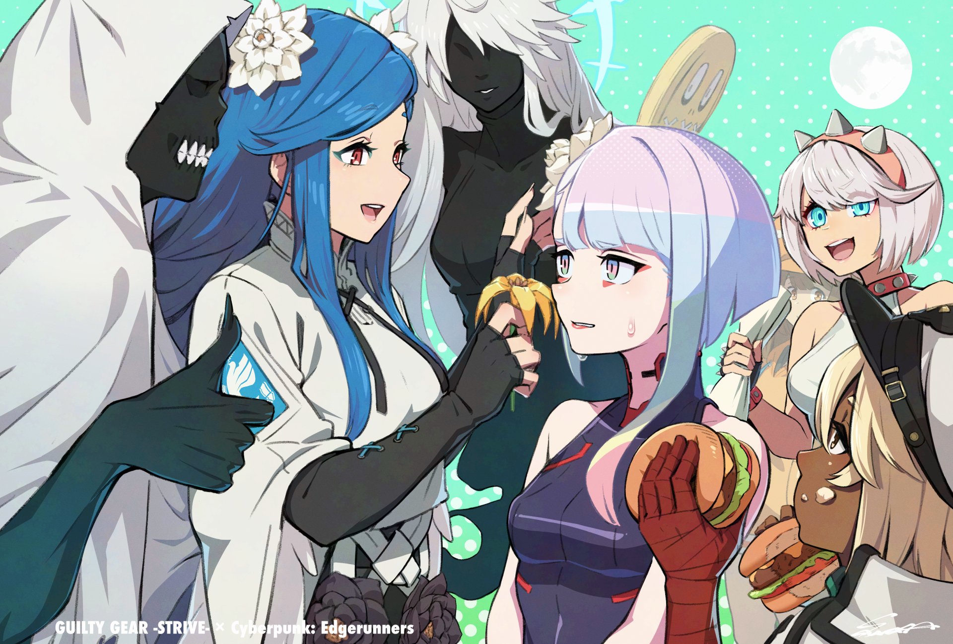 sawasa, dizzy (guilty gear), elphelt valentine, lucy (cyberpunk), may (guilty gear), necro (guilty gear), paracelsus (guilty gear), queen dizzy, ramlethal valentine, undine (guilty gear), cyberpunk: edgerunners, cyberpunk (series), guilty gear, guilty gear strive, highres, bandaged hand, bandages, black skin, blue hair, burger, colored skin, dark-skinned female, dark skin, eating, flower, food, grey hair, hair flower, hair ornament, hat, holding, holding burger, holding food, hood, multicolored hair, shirt, sweatdrop, thumbs up, white shirt