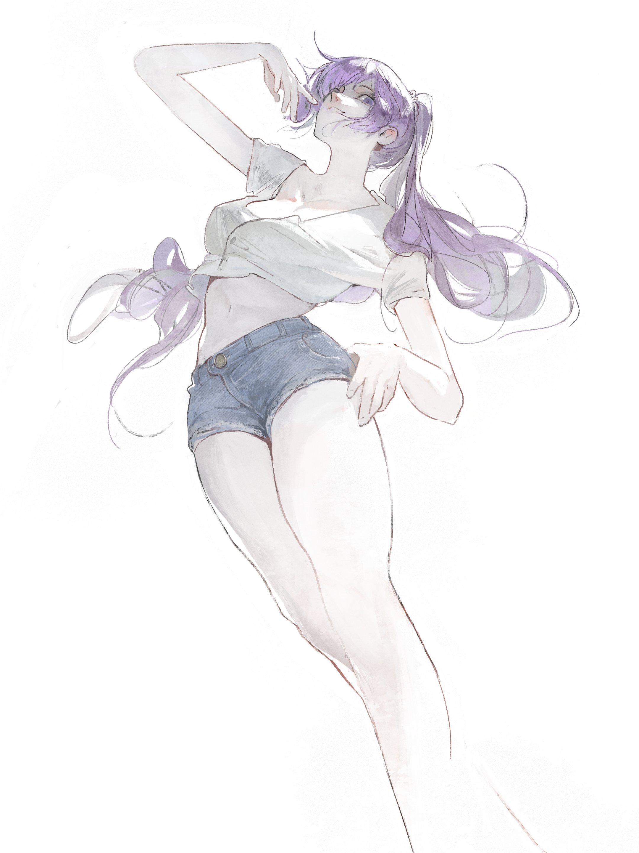 kanji (nievart), senjougahara hitagi, monogatari (series), absurdres, highres, 1girl, arm up, bare legs, blue shorts, breasts, cleavage, collarbone, cropped shirt, denim, denim shorts, eyelashes, feet out of frame, hand on own hip, legs, long hair, looking at viewer, medium breasts, midriff, navel, parted lips, ponytail, purple eyes, purple hair, shirt, short shorts, short sleeves, shorts, simple background, smile, solo, standing, thighs, very long hair, white background, white shirt