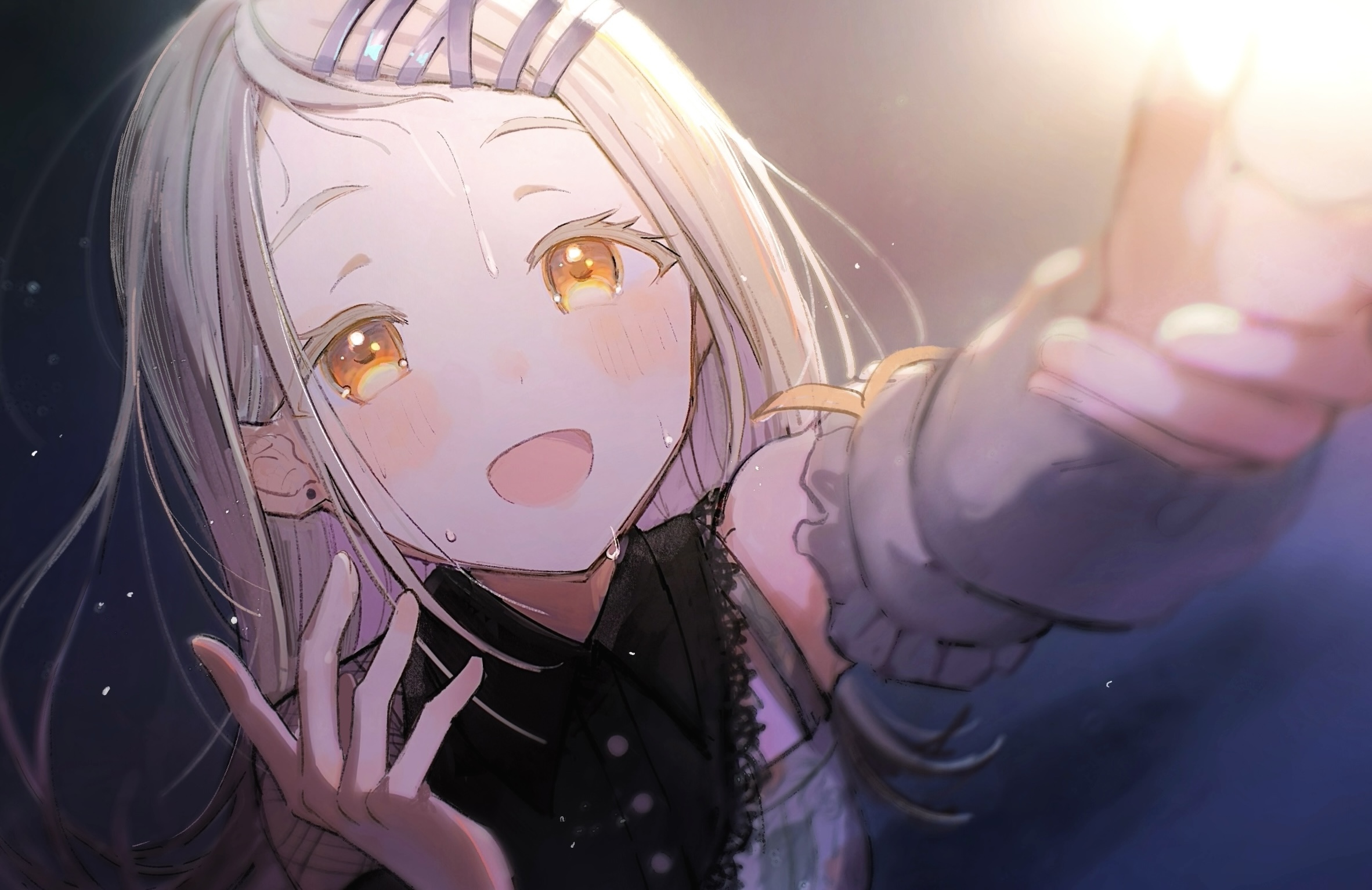 pono, shinosawa hiro, gakuen idolmaster, idolmaster, commentary request, highres, 1girl, arm up, asymmetrical clothes, black shirt, blonde hair, blush, collared shirt, colored eyelashes, contrast (idolmaster), dark background, detached sleeves, earrings, fingernails, flipped hair, floral print, grey shirt, hair behind ear, hair ornament, hairclip, hand up, happy, jewelry, lace, lace-trimmed shirt, lace trim, light particles, long hair, long sleeves, looking up, loose hair strand, open mouth, orange eyes, orange ribbon, parallel hairclips, reaching, ribbon, rose print, shirt, simple background, single detached sleeve, solo, stud earrings, sweat, swept bangs, upper body, x hair ornament