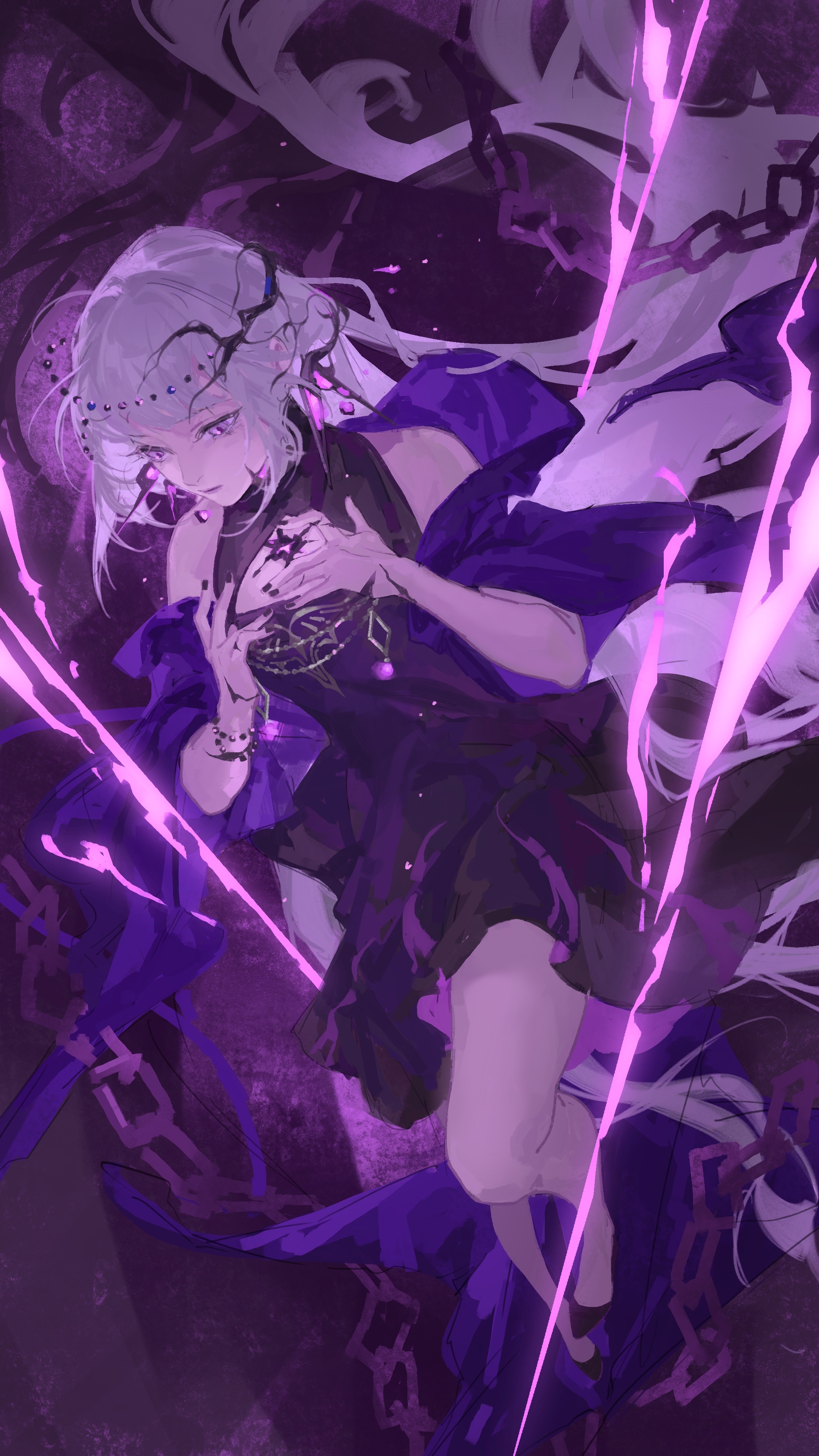 yangmao feifei, hella (path to nowhere), necresta hella (path to nowhere), path to nowhere, absurdres, highres, 1girl, bare arms, bare legs, bare shoulders, black dress, black shoes, breasts, chain, cracked skin, dress, expressionless, floating hair, full body, long hair, material growth, pink eyes, purple background, purple shawl, shawl, shoes, sleeveless, sleeveless dress, small breasts, solo, very long hair, white hair