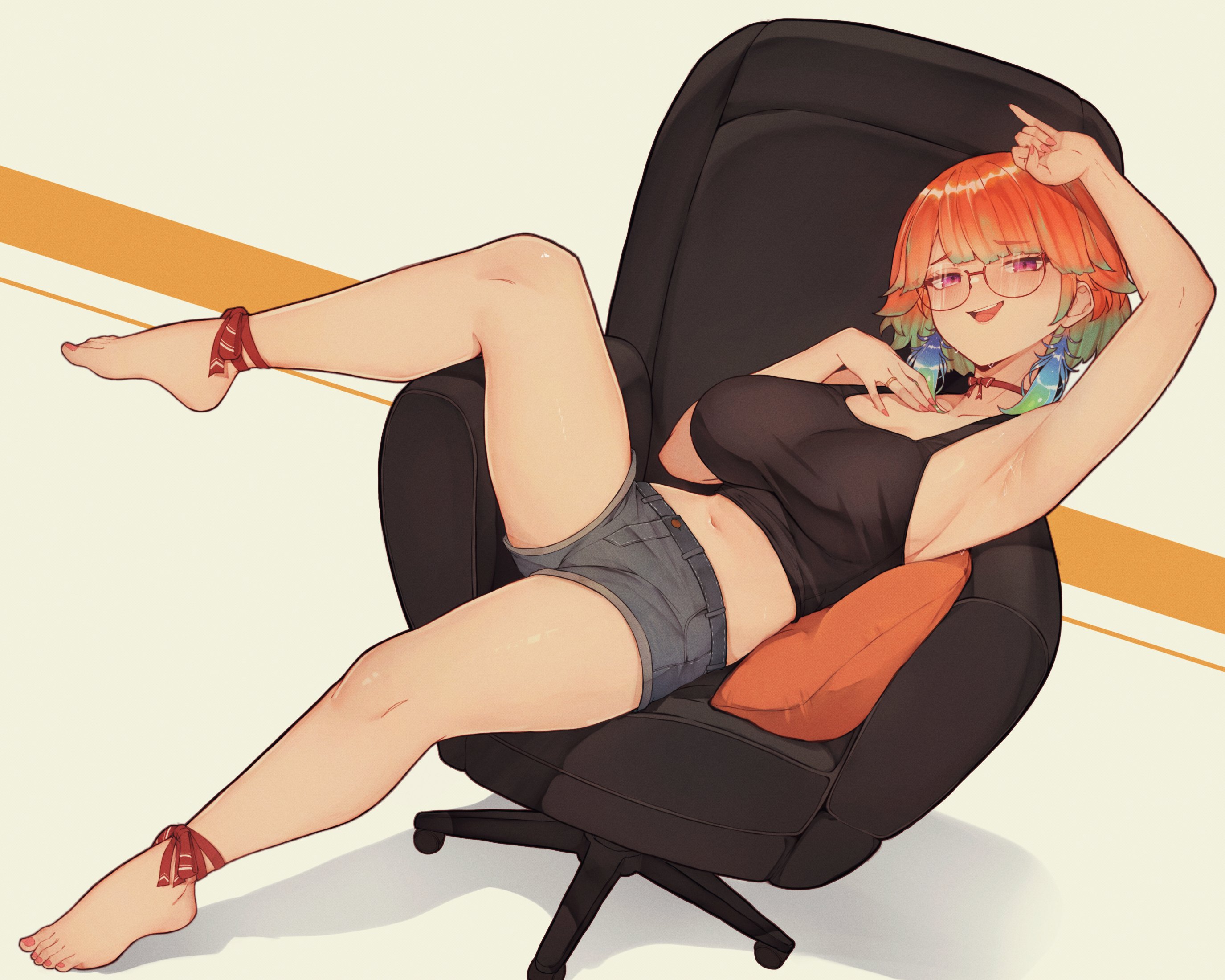 varniskarnis, takanashi kiara, hololive, hololive english, commentary, highres, 1girl, :d, armpits, barefoot, black camisole, breasts, camisole, chair, cleavage, colored inner hair, crop top, denim, denim shorts, feathers, full body, gradient hair, green feathers, green hair, large breasts, long hair, looking at viewer, lying, midriff, multicolored hair, navel, on back, on chair, open mouth, orange hair, purple eyes, short shorts, shorts, simple background, smile, solo, teeth, upper teeth only, virtual youtuber
