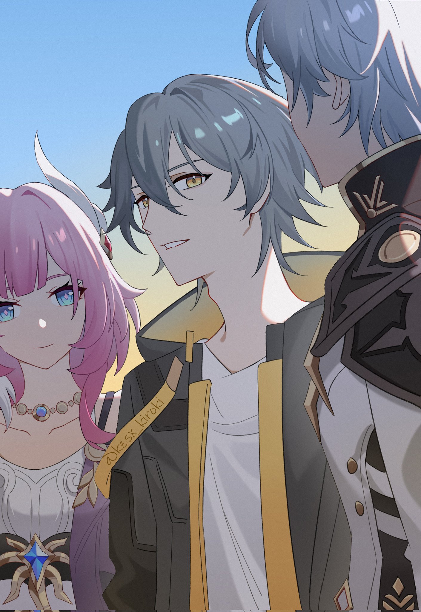 kzsx hiroki, caelus (honkai: star rail), cyrene (honkai: star rail), phainon (honkai: star rail), trailblazer (honkai: star rail), honkai: star rail, honkai (series), corrupted twitter file, highres, 1girl, 2boys, armor, artist name, backlighting, bare shoulders, black coat, blue background, blue eyes, blue gemstone, closed mouth, clothes down, coat, collarbone, diamond-shaped pupils, diamond (shape), dress, gem, gold necklace, gradient background, grey hair, hair between eyes, hair ribbon, hood, hooded coat, jacket, jewelry, lapels, long sleeves, looking at another, looking at viewer, multicolored hair, multiple boys, necklace, open clothes, open coat, open jacket, pink hair, pink pupils, purple jacket, ribbon, shirt, short hair, shoulder armor, sleeveless, sleeveless dress, smile, sparkle, streaked hair, symbol-shaped pupils, t-shirt, teeth, two-sided coat, two-sided fabric, two-tone background, upper body, white dress, white hair, white jacket, white ribbon, white shirt, yellow background, yellow coat, yellow eyes