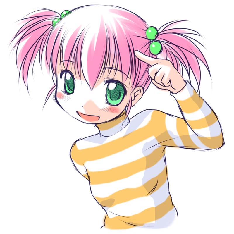 bosshi, moe (bosshi), moe (character), original, 1girl, :d, blush, breasts, female focus, flat chest, green eyes, hair bobbles, hair ornament, moe (phrase), open mouth, pink hair, pointing, shirt, short hair, short twintails, simple background, sketch, small breasts, smile, solo, striped clothes, striped shirt, turtleneck, twintails, white background