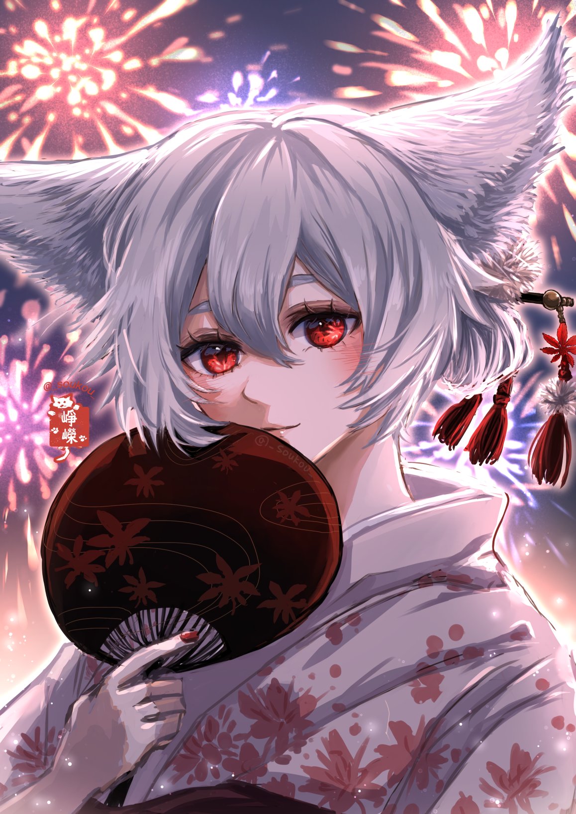 soukou (artist), inubashiri momiji, touhou, highres, 1girl, animal ears, blush, fireworks, floral print, floral print kimono, hair between eyes, hair ornament, hair stick, hand fan, holding, holding fan, japanese clothes, kimono, leaf print, light smile, looking at viewer, maple leaf print, medium hair, nail polish, night, night sky, print kimono, red eyes, red nails, sky, solo, twitter username, white hair, white kimono, wolf ears, wolf girl, yukata