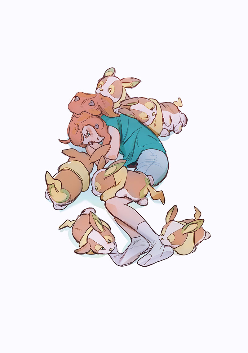 puppy 1ove, sonia (pokemon), yamper, nintendo, pokemon, pokemon swsh, 1girl, blue shirt, full body, gen 8 pokemon, lying, on side, orange hair, pokemon (creature), sad, shirt, shorts, side ponytail, simple background, socks, white background, white socks