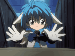 mint blancmanche, broccoli (company), galaxy angel, animated, animated gif, anime screenshot, lowres, 00s, 1girl, animal ears, blue hair, box, female focus, happy, indoors, open mouth, short hair, smile, solo, yellow eyes