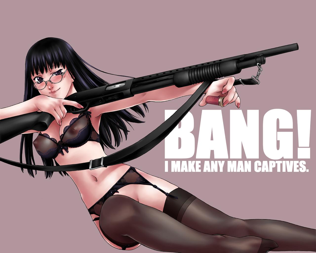 1girl, bottomless, bra, english text, engrish text, female focus, garter belt, gun, lingerie, mossberg 500, nipples, pump action, ranguage, see-through clothes, shotgun, solo, thighhighs, underwear, underwear only, weapon
