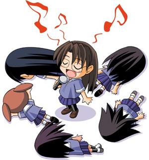 kagura, kagura (azumanga daioh), kasuga ayumu, mihama chiyo, mizuhara koyomi, sakaki (azumanga daioh), takino tomo, azumanga daiou, lowres, 6+girls, bad singing, black hair, chibi, chibi only, child, closed eyes, glasses, long hair, microphone, multiple girls, music, musical note, open mouth, pleated skirt, quaver, school uniform, serafuku, singing, skirt, thighhighs, tonedeaf, twintails, white background