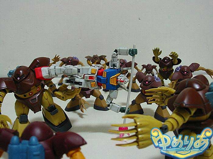 gogg, rx-78-2 gundam, gundam, mobile suit gundam, the matrix, photo (medium), battle, burly brawl, claws, kicking, mecha, no humans, robot