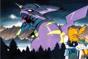 ash ketchum, eva 01, misty (pokemon), pikachu, neon genesis evangelion, nintendo, pokemon, pokemon (anime), lowres, 1boy, 1girl, backpack, bag, blood, child, crossover, forest, gen 1 pokemon, monster, nature, on head, outdoors, parody, pointing, pokemon (creature), pokemon on head, side ponytail, sweatdrop