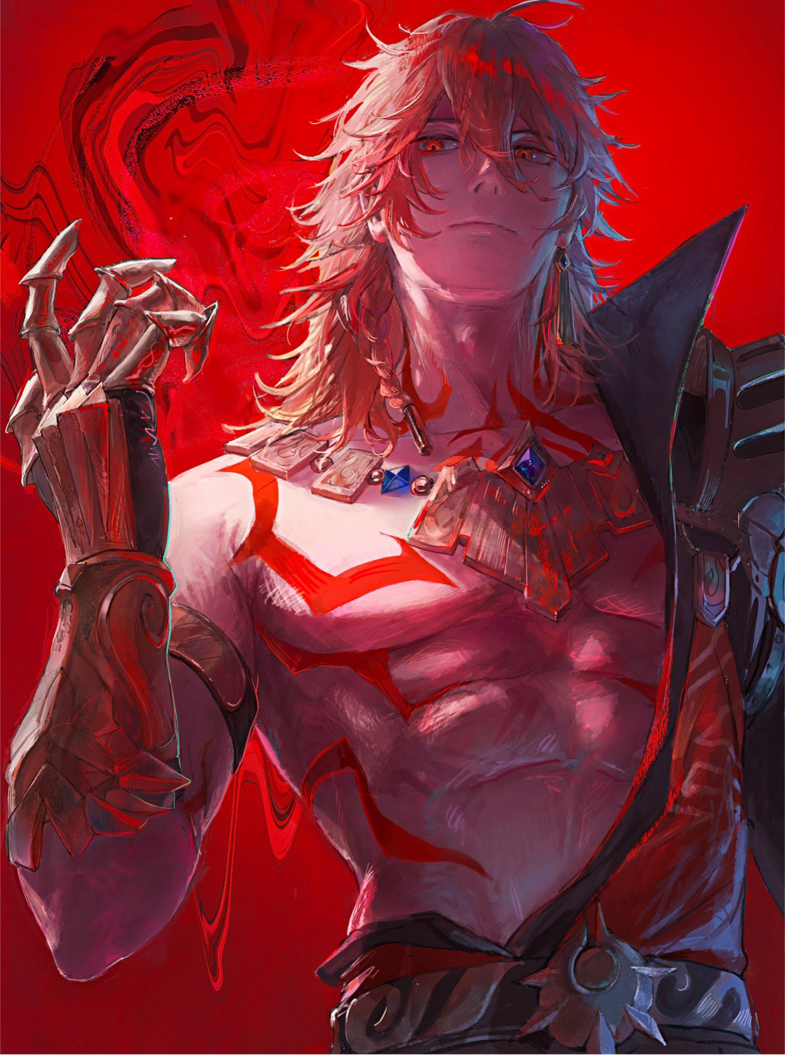 aonon 040, mydei (honkai: star rail), honkai: star rail, honkai (series), commentary request, highres, 1boy, abs, arm tattoo, armlet, armor, black coat, blonde hair, braid, chest tattoo, clawed gauntlets, coat, earrings, facial tattoo, gold earrings, gold necklace, gradient hair, hair between eyes, jewelry, male focus, medium hair, multicolored hair, necklace, open clothes, open coat, pauldrons, red background, red hair, red tattoo, shoulder armor, side braid, single pauldron, solo, tattoo, toned, toned male, yellow eyes