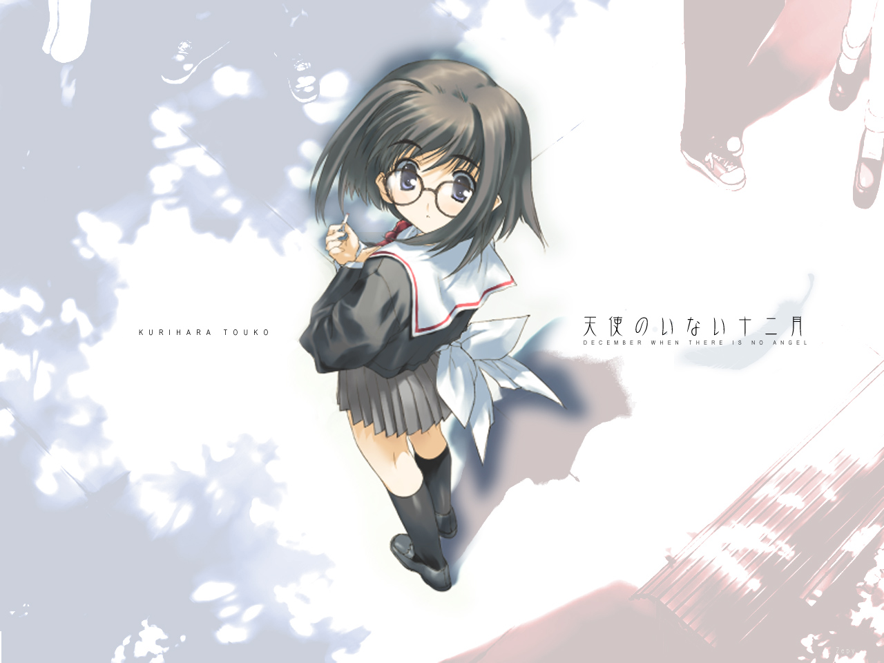 nakamura takeshi, kurihara touko, tenshi no inai 12-gatsu, 1girl, black shoes, character name, cigarette, copyright name, female focus, glasses, pleated skirt, school uniform, serafuku, shoes, skirt, socks, solo, touko kurihara