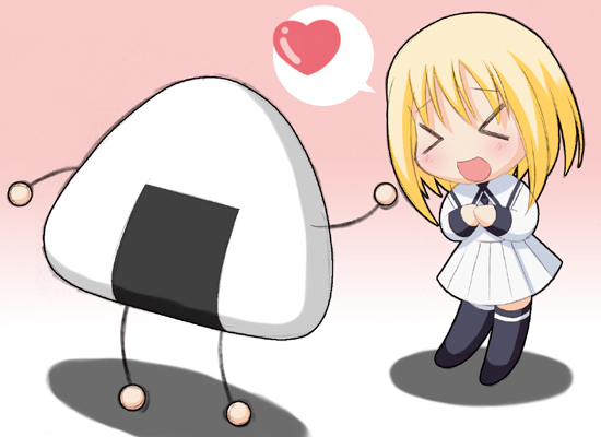 souma kisa, fruits basket, > <, blonde hair, blush, chibi, chibi only, closed eyes, food, heart, onigiri, pleated skirt, school uniform, serafuku, short hair, skirt, solo, thighhighs