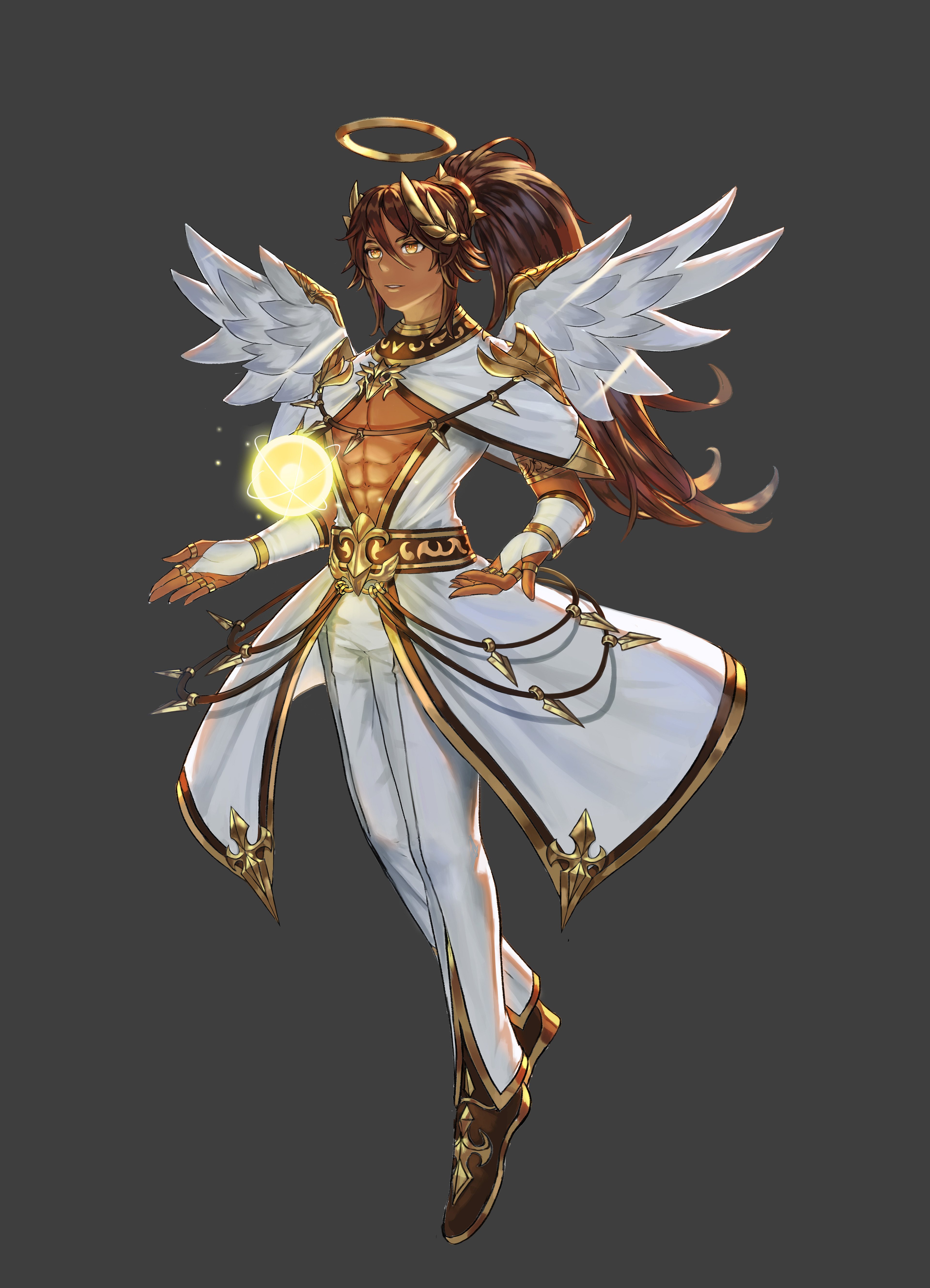 deepmaru, king's raid, absurdres, commentary, english commentary, highres, official art, 1boy, abs, armlet, belt, bridal gauntlets, brown belt, brown eyes, brown hair, brown shoes, capelet, dark-skinned male, dark skin, energy ball, feathered wings, full body, halo, jewelry, laurels, long hair, multiple rings, official alternate costume, pants, ponytail, ring, robe, shoes, solo, white bridal gauntlets, white capelet, white pants, white robe, white wings, wings, zafir (king's raid)