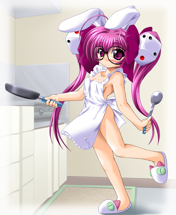 usada hikaru, di gi charat, 1girl, animal ears, animal slippers, antenna hair, apron, blush, breasts, cat slippers, cleavage, female focus, frying pan, glasses, hair between eyes, hair ornament, holding, holding spoon, kitchen, kitchen hood, legs, long hair, medium breasts, naked apron, rabbit ears, slippers, solo, spoon, twintails, very long hair, white slippers