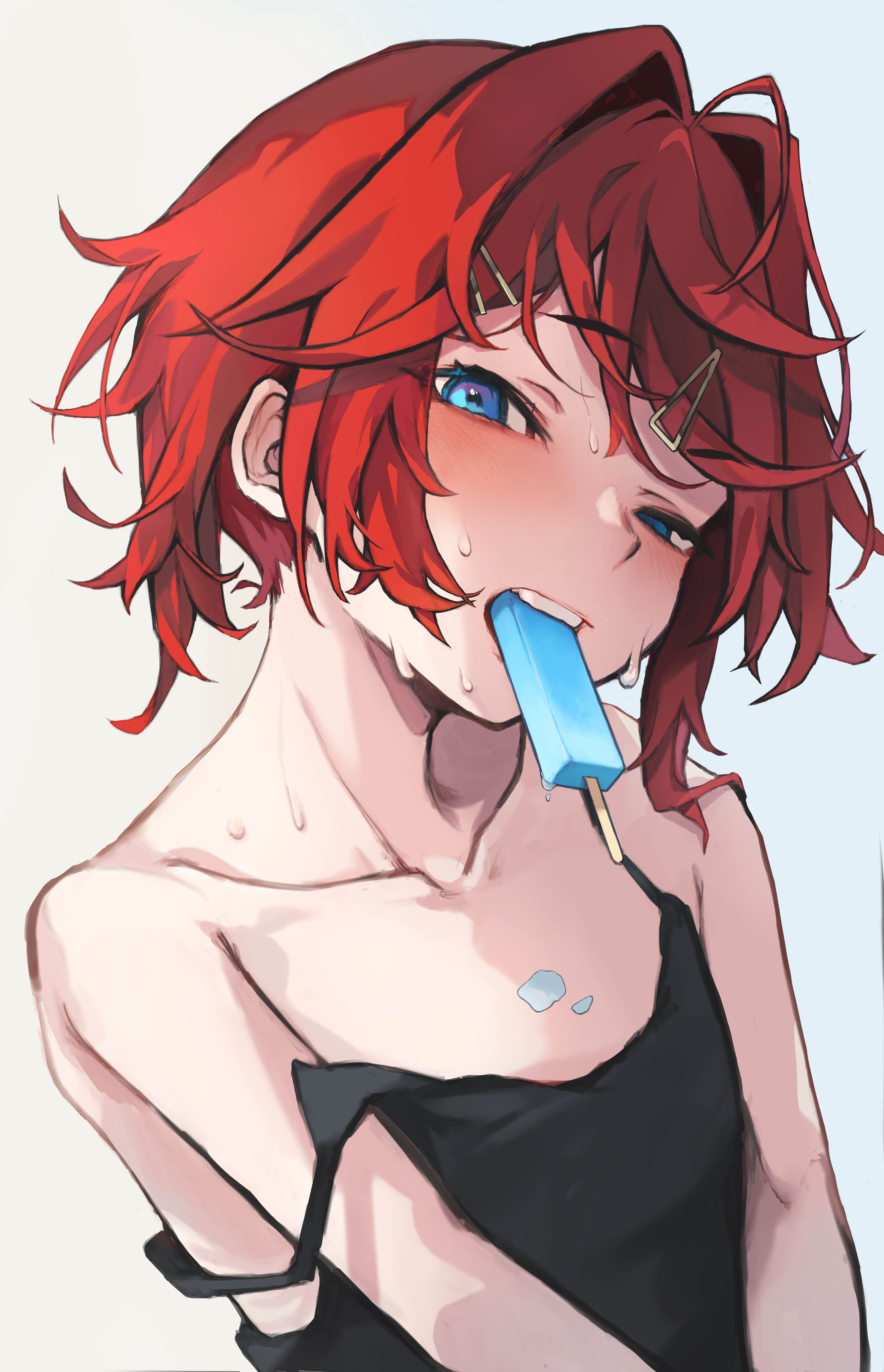 akechi (akechi 5416), ange katrina, nijisanji, absurdres, highres, 1girl, ahoge, black camisole, blue eyes, blush, breasts, camisole, collarbone, food, food in mouth, food on body, food on breasts, hair intakes, hair ornament, hairclip, head tilt, looking at viewer, medium hair, melting popsicle, messy hair, popsicle, red hair, small breasts, solo, sweat, virtual youtuber, white background