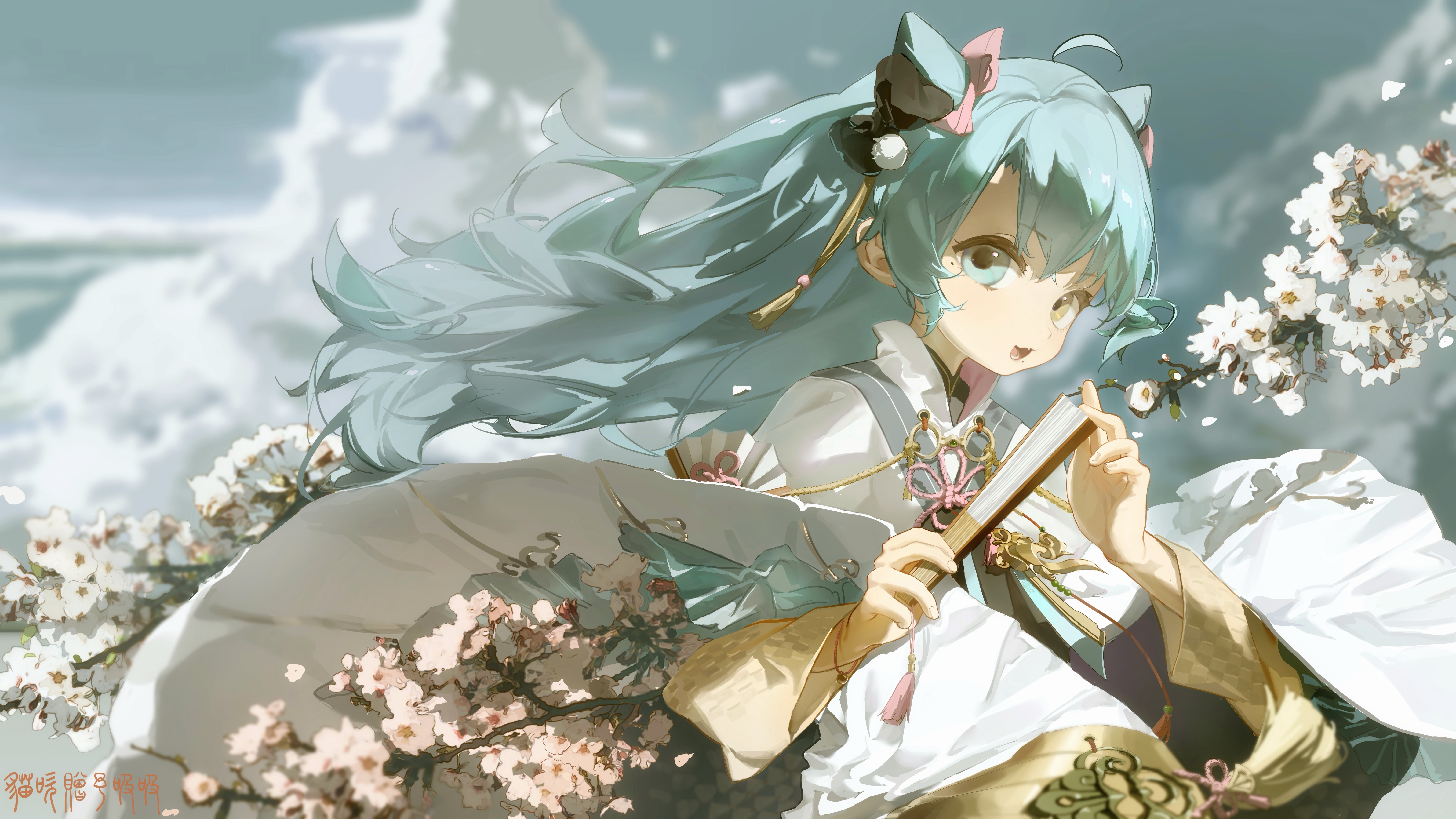 neko blow, original, absurdres, chinese commentary, commentary request, highres, 1girl, animal ears, blue eyes, blue hair, extra ears, flower, folding fan, hand fan, heterochromia, holding, holding fan, japanese clothes, long hair, long sleeves, mole, mole under eye, mole under mouth, open mouth, solo, yellow eyes