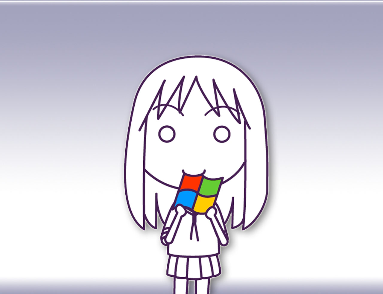 kasuga ayumu, azumanga daiou, microsoft windows, windows xp, 1girl, biting, chewing, female focus, o o, pleated skirt, school uniform, simple background, skirt, solid circle eyes, solo