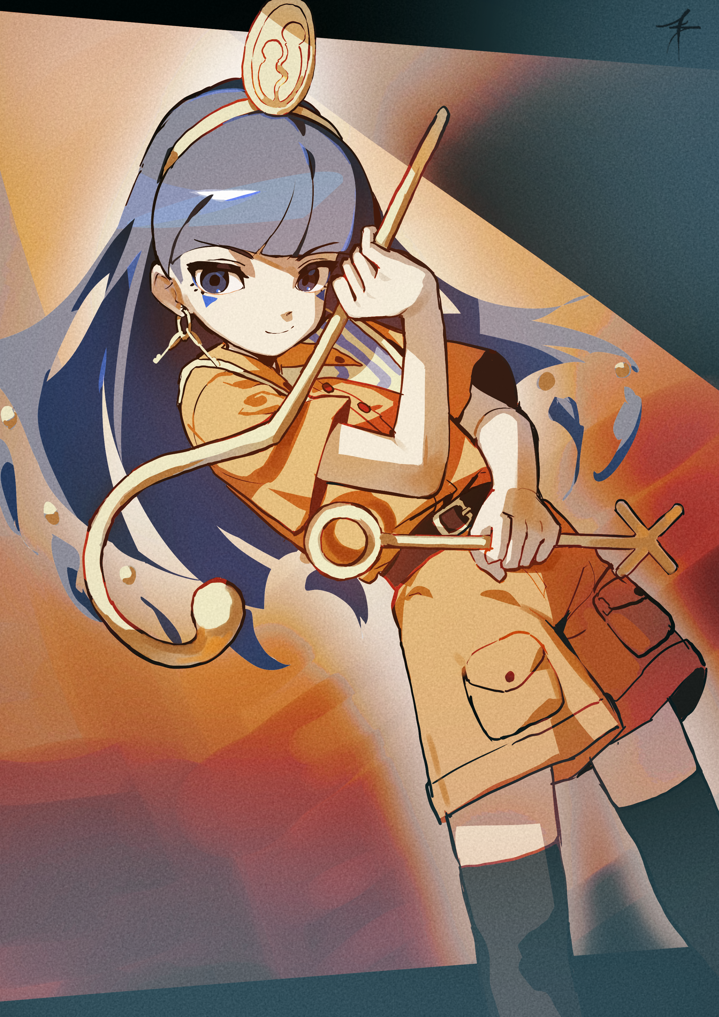 favnvs (s910a ib6), michigami nareko, fossilized wonders, touhou, absurdres, highres, 1girl, belt, black thighhighs, blue eyes, blue hair, brown shirt, brown shorts, earrings, gold tiara, holding, holding scepter, jewelry, long hair, looking at viewer, scepter, shirt, short sleeves, shorts, smile, solo, thighhighs