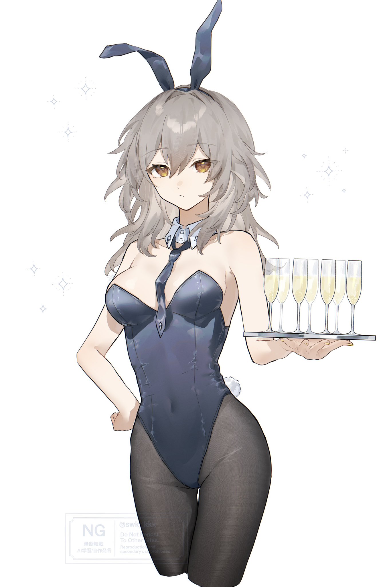 suwa (swk kkk), stelle (honkai: star rail), trailblazer (honkai: star rail), honkai: star rail, honkai (series), commentary request, highres, 1girl, animal ear hairband, animal ears, bare shoulders, blue hairband, blue leotard, blush, breasts, brown pantyhose, collar, cup, detached collar, drinking glass, fake animal ears, grey hair, hairband, leotard, looking at viewer, medium breasts, medium hair, necktie, pantyhose, playboy bunny, solo, thighs, tray, white collar, yellow eyes