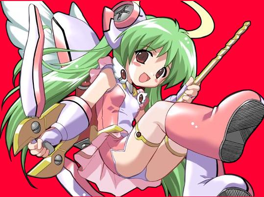 komatsu eiji, ookawara kunio, c3 2003 image character, original, artist collaboration, 1girl, :d, angel wings, blush, boots, bow (weapon), chibi, chibi only, dress, drill, female focus, gloves, green hair, halo, long hair, open mouth, panties, pantyshot, pink boots, red background, red eyes, short dress, skirt, smile, solo, twintails, underwear, upskirt, weapon, wings