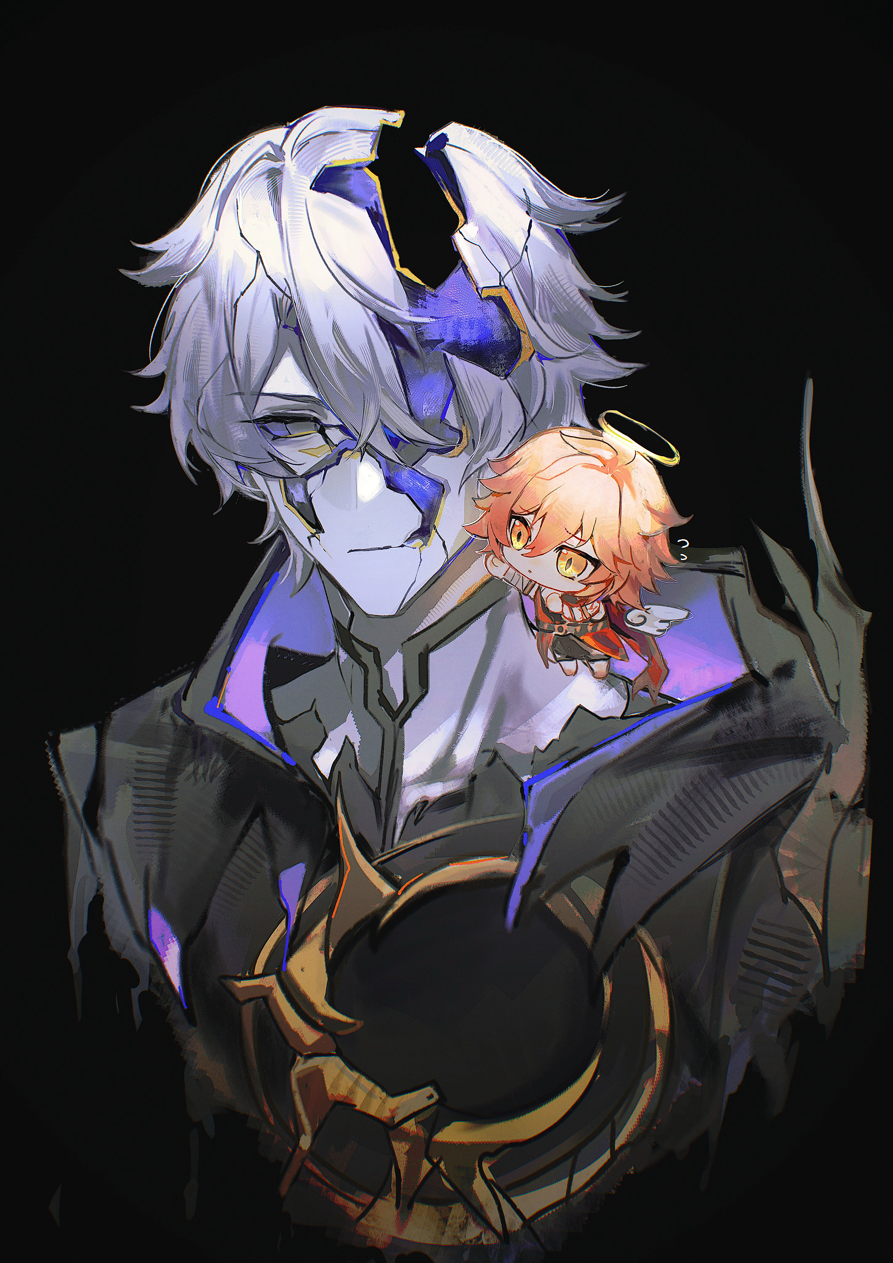 qiaose33912, flame reaver of the deepest dark, mydei (honkai: star rail), phainon (honkai: star rail), honkai: star rail, honkai (series), absurdres, chinese commentary, commentary request, highres, 2boys, angel, angel wings, black background, black cloak, blonde hair, chibi, cloak, cracked skin, flying sweatdrops, gradient hair, halo, hood, hood down, hooded cloak, male focus, multicolored hair, multiple boys, red hair, short hair, simple background, upper body, white hair, wings, yellow eyes
