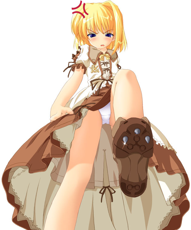 poco (asahi age), 1girl, anger vein, angry, blonde hair, blouse, blue eyes, blush, boots, brown dress, cleats, dress, female focus, from below, leg lift, lingerie, panties, pantyshot, petticoat, shirt, shoe soles, short hair, solo, spikes, tsundere, underwear, upskirt, white panties